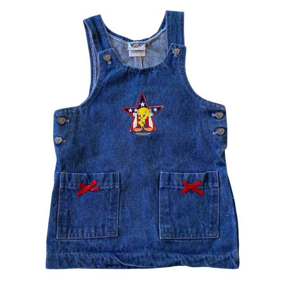 Vintage 1995 Looney Tunes Denim Jumper Dress Girls 2T Tweety Bird Patriotic Kids